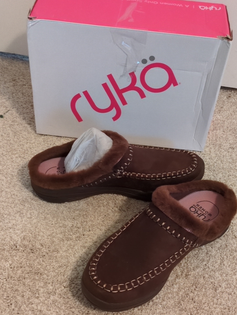Ryka Brown Faux-Fur Trim Slip-On Mules Women's 10w